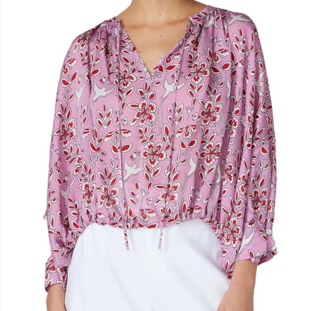 Rhode Helene Crepe de Chine Pink Floral Bird Blouse Sz S